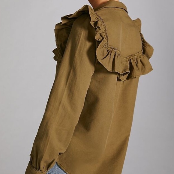 Anthropologie Blouse Womens Medium Pilcro Green Ruffle Button Down Western - Picture 4 of 10
